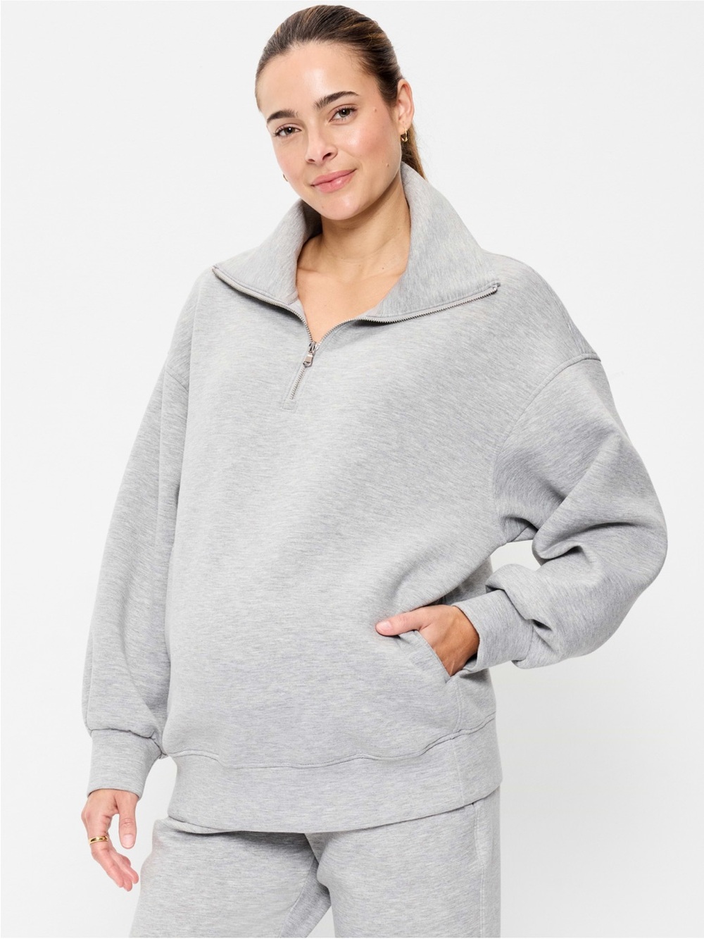 Women's Maternity Grey Bounce Fleece Quarter-Zip Pullover Sweatshirt